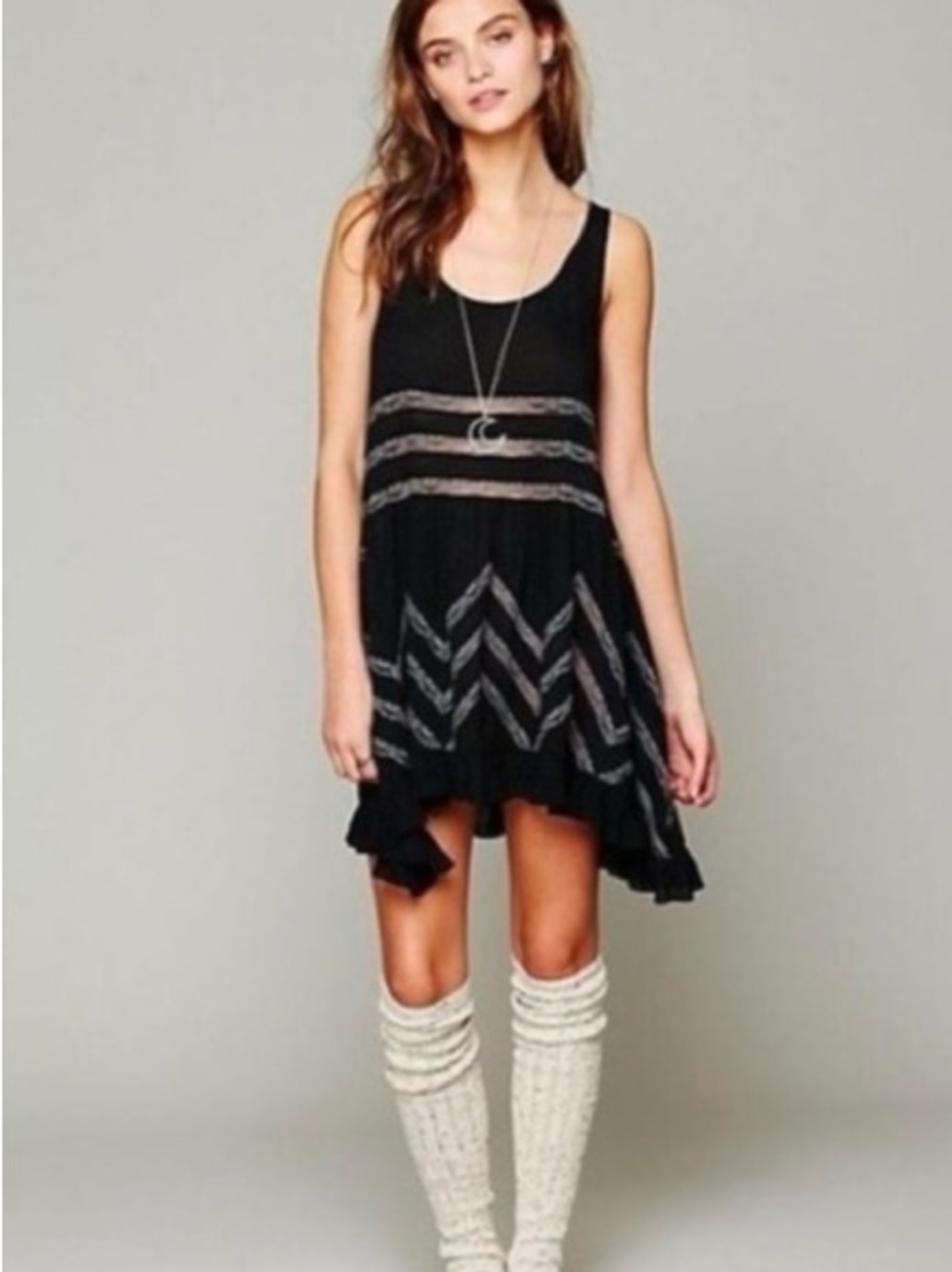 Free People| Charcoal Sleeveless Trapeze Voile Dress w/Chevron Lace Sz M